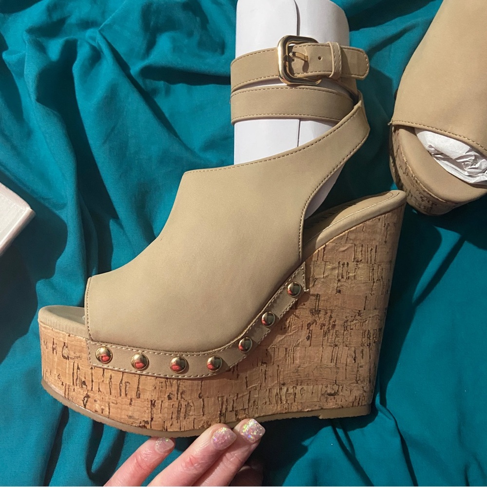 JustFab Beige Cork Platform Wedge Sandals with Gold Studs